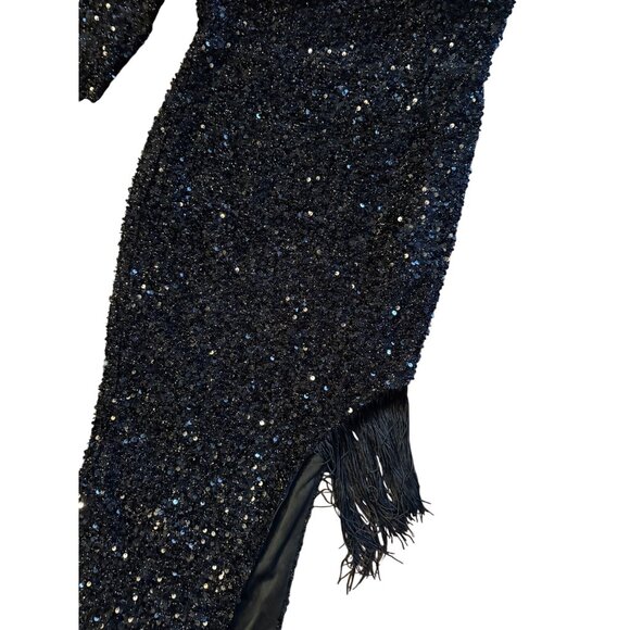 Black Sequined One-Shoulder Gown With Fringe Detail Party Evening - Picture 7 of 8